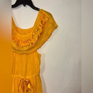 Vintage Mexican Peasant Dress Yellow Ruffle Crochet Ribbon Boho Festival M/L